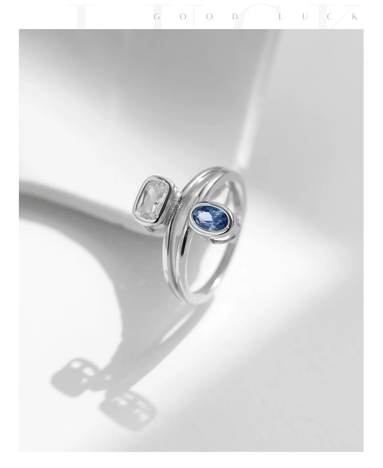 Fashion S925 Silver Bezel Setting Blue Sapphire CZ Oval Cut and White Cubic Zirconia Double Stones Engagement Ring