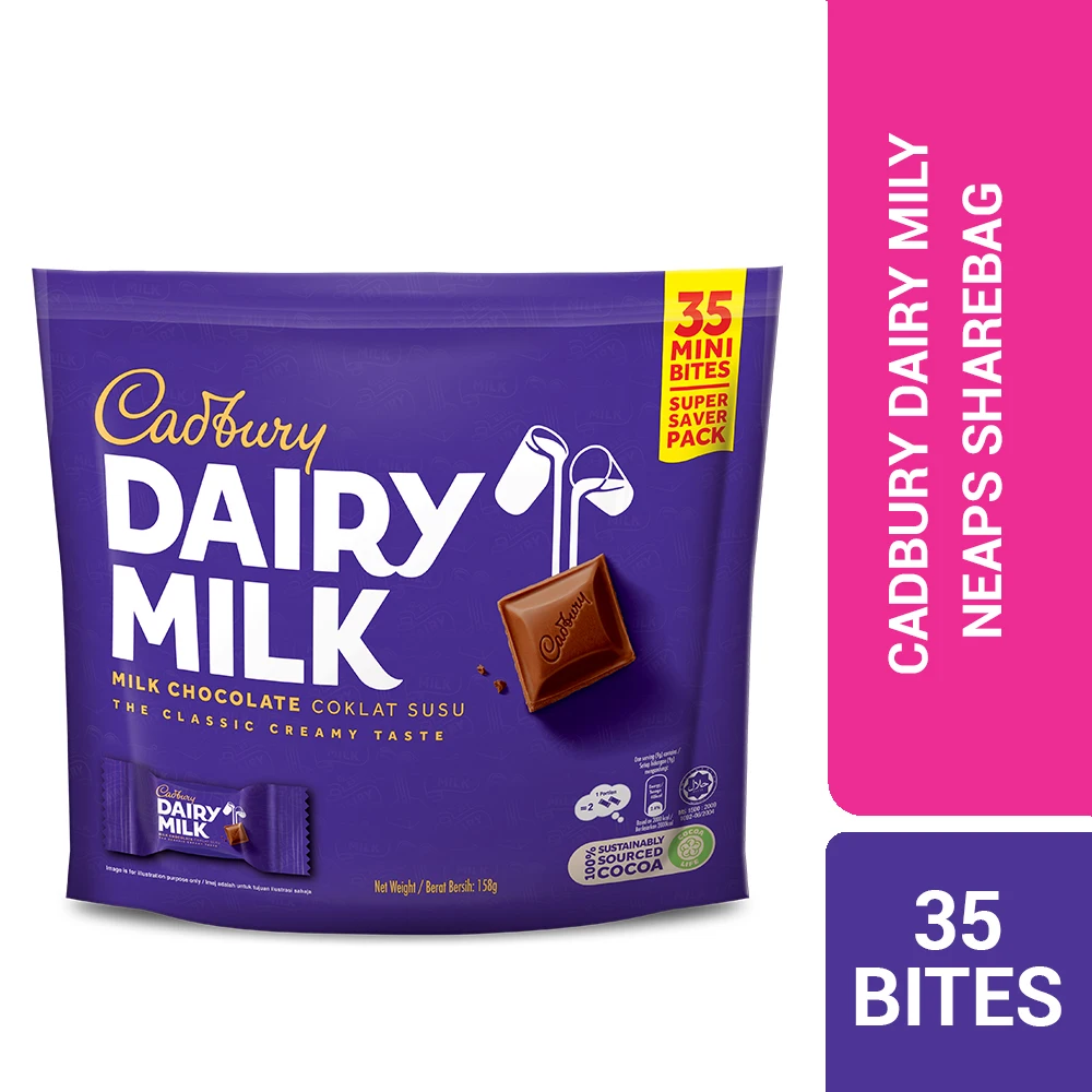 CADBURY DAIRY MILK CHOCOLATE FLAVOURED NEAPS DOYBAG (SHAREBAG) 35 MINI BITES [158G] WHOLESALER MALAYSIA