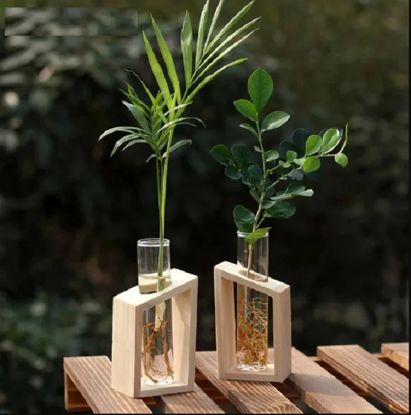 Beautifully Designed Stylish and Classy Decor Glass Tube Flowers Vase with Wooden Holder Base for Decorating House & Work Place