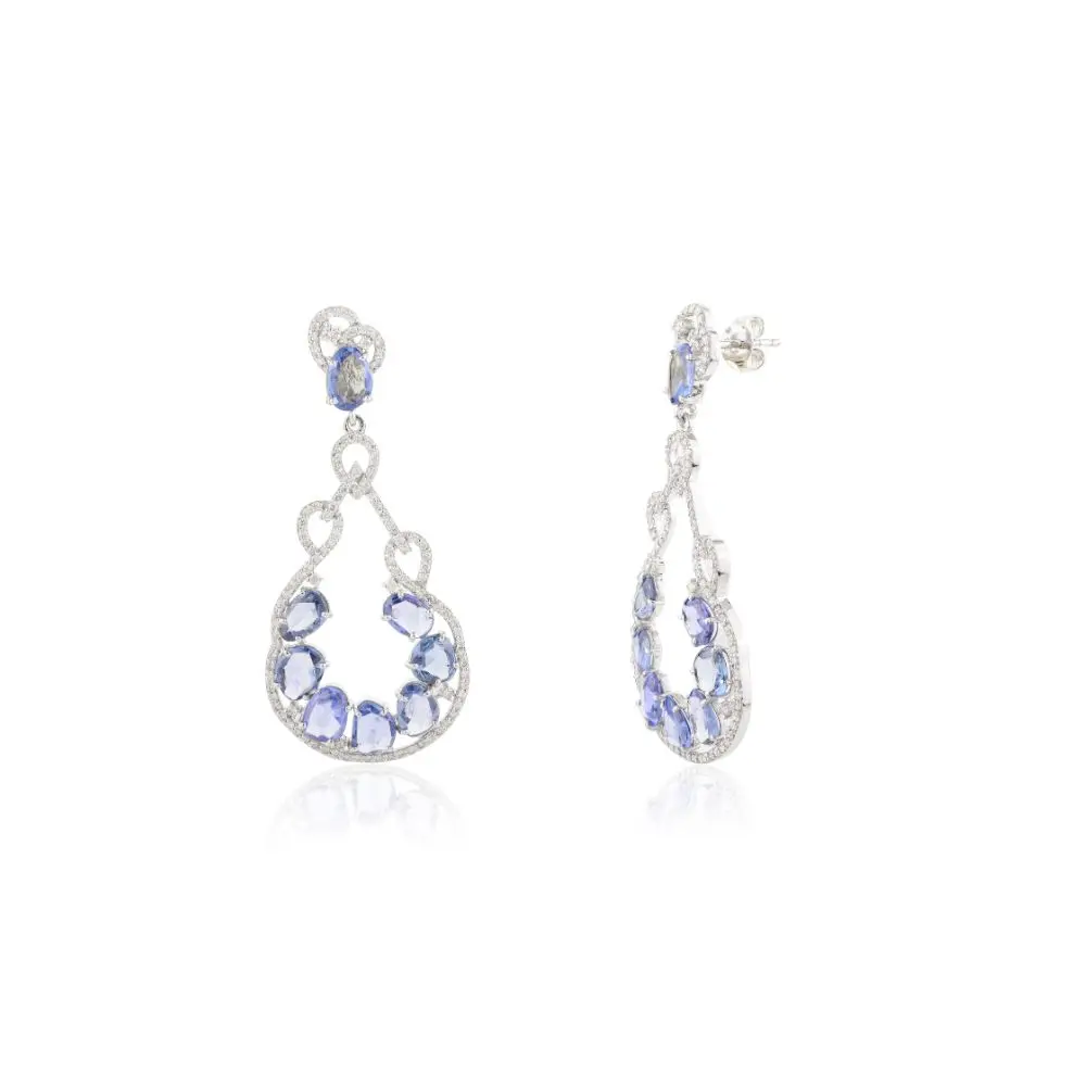 New Trendy Handmade Fine Jewelry Natural Blue Sapphire and Diamond Chandelier Earrings in 18k Solid White Gold Fine Jewelry