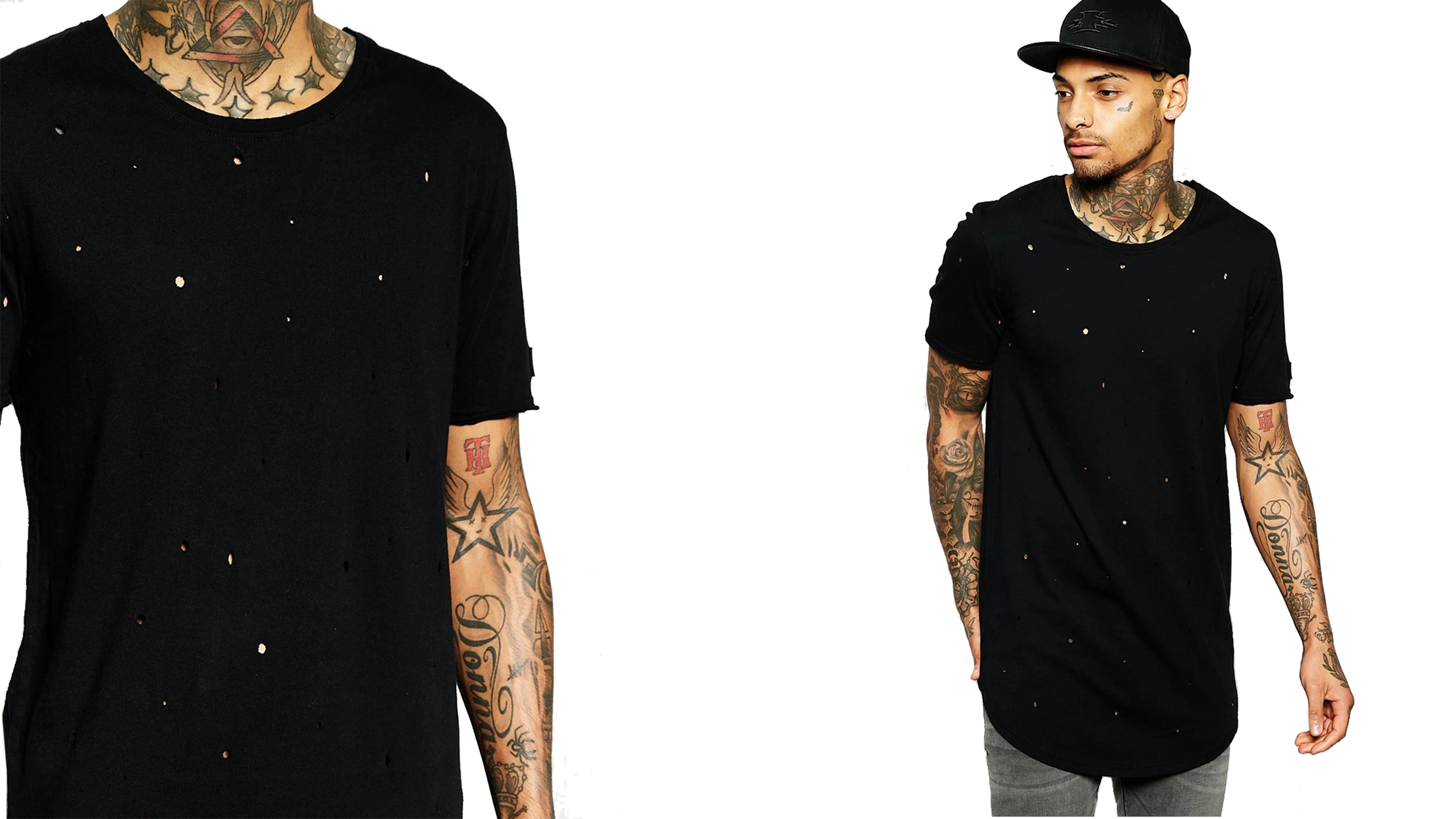 Customized regular fit baseball collar zip placket curved hem long line men t shirt with distressing embroidered tee