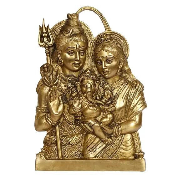 Brass Shiv Parvati with Ganesha Idol Shiva Parwati Ganesha Wall Door Hanging for Puja Home Office Decor Entrance Gift