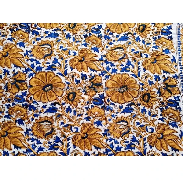 Pure Cotton Fabric Yellow Floral Indian Hand Block Printed Shrink Resistant Fabric for Home Textile at Wholesale Price