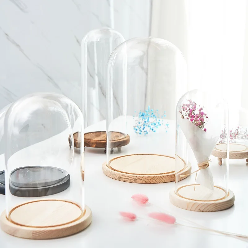 Manufacturer Wholesale Household Clear Candle Cake Stand Glass Dome With Wood Base Glass Dome  For Restaurant