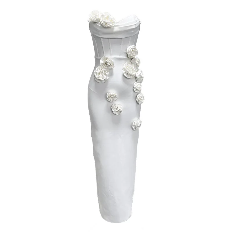 White tube top flower elastic tight sexy party gathering celebrity bandage maxi dress evening dress