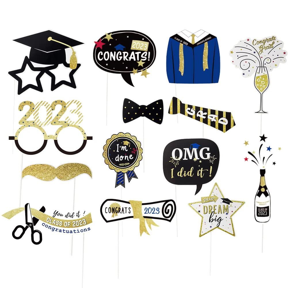 Graduation Photo Booth Props Class of 2023 Grad Decor with Sticks for School Grad Party Decor Favors Supplies