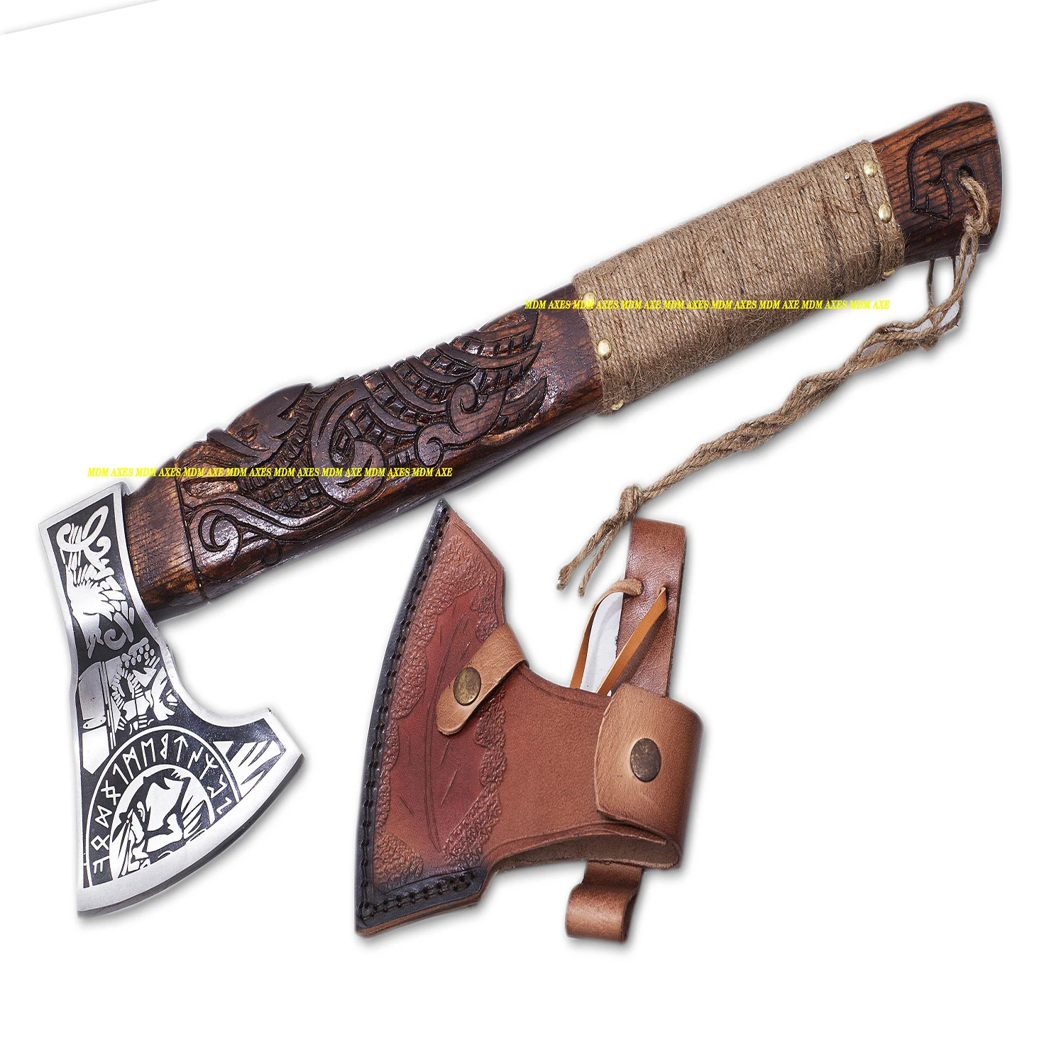 HANDMADE 5160 STEEL CUSTOM HANDMADE VIKING RAVEN AXE WITH AMAZING ENGRAVED AND ROPE HANDLE WITH BEAUTIFUL LEATHER SHEATH