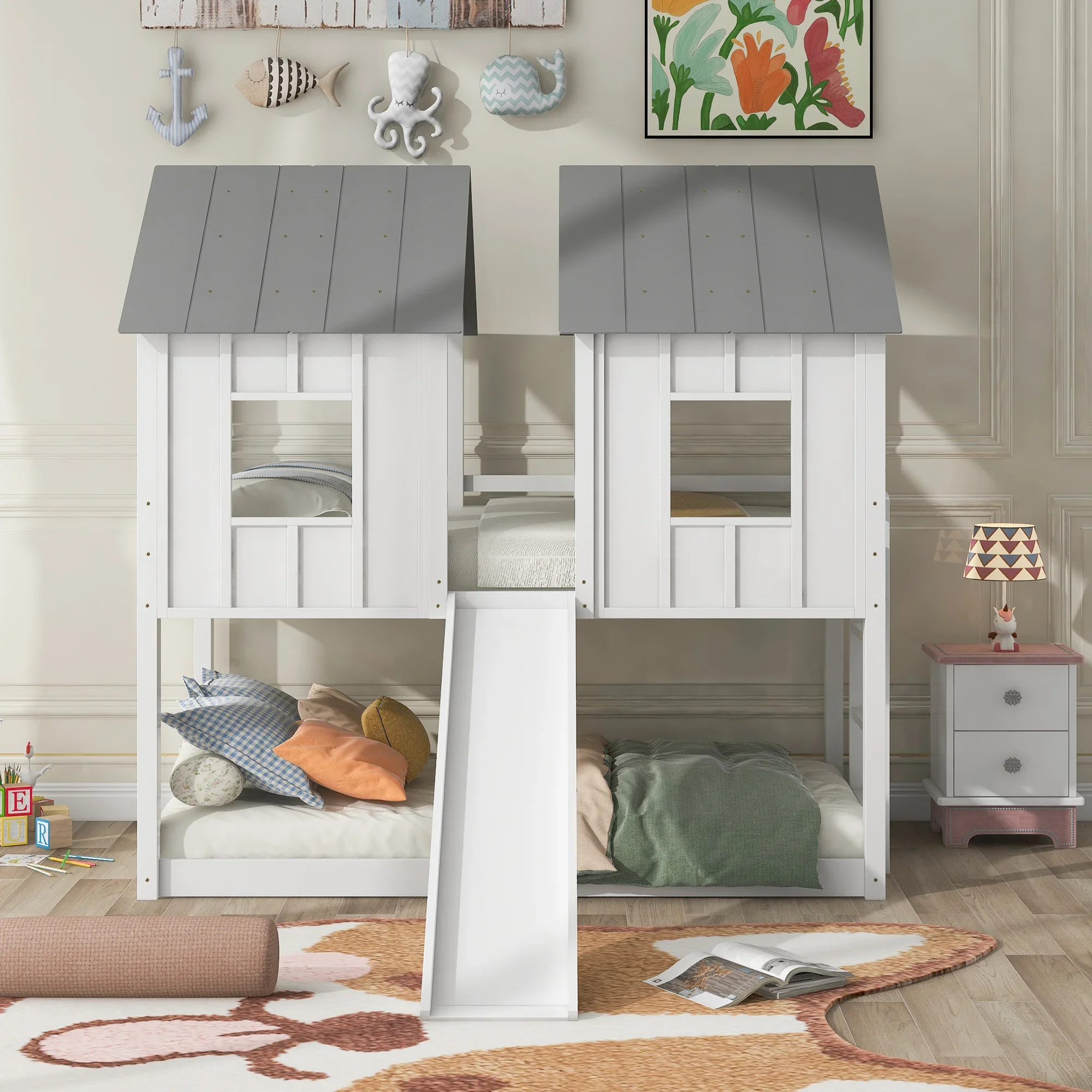 GOODFRIENDSHIP Double Roof Bed with Slide, Twin Over Twin Bunk Bed with Windows and Roof, Ladder and Guardrails