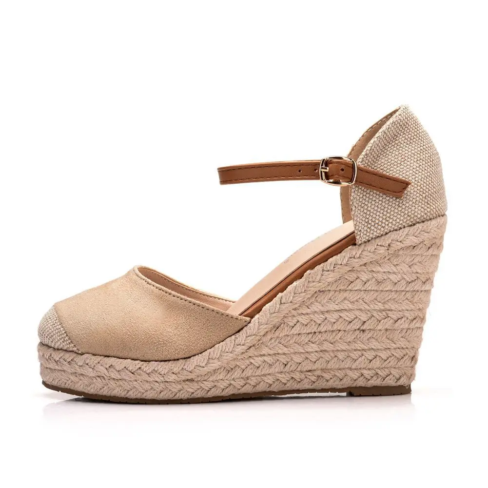 Custom Logo OEM Jute Sole Women Espadrille Shoes Round Toe Ankle Strap Wedge Sandals