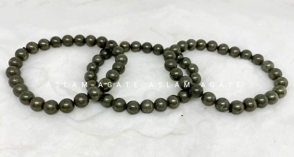 8mm Natural Pyrite Stone Beaded Bracelet ,Pyrite Gemstone Bracelet 4mm To 8 mm ,3 Cord strong Rubber Bead Bracelet