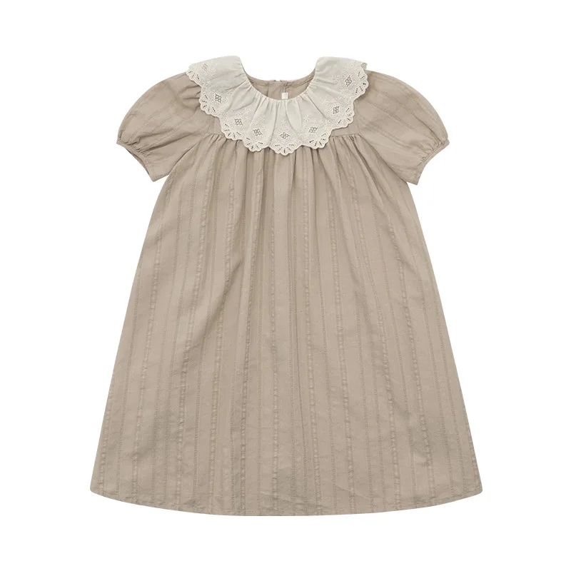 2024 Spring Pure Cotton Jacquard Lace Big Lapel Loose Short Sleeve Baby Girl Dress