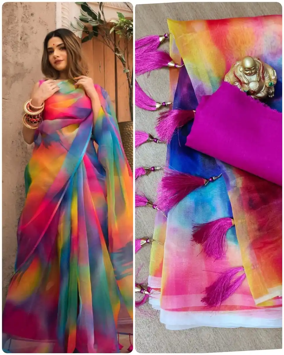 Indian Style Clothes Fancy Organza Silk Saree with Banglory Silk Plain Blouse Material Beautiful Digital Flower Printed Saree