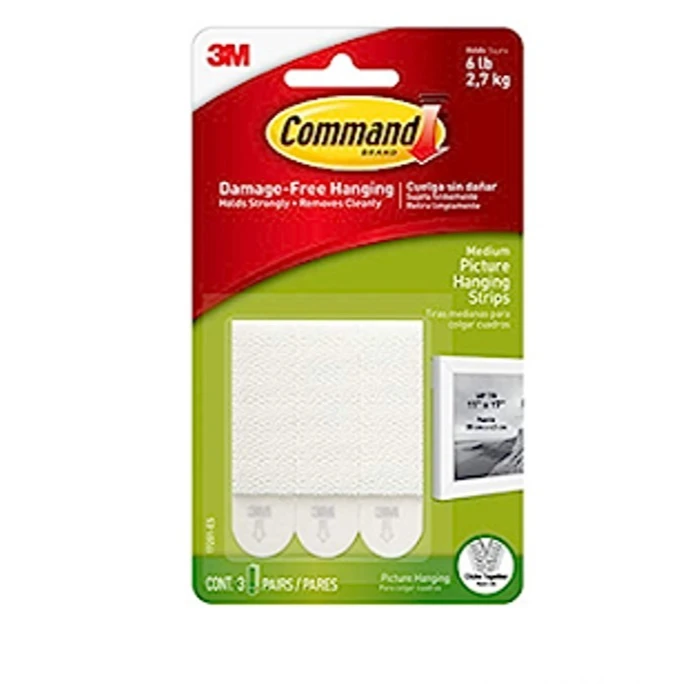 Damage - Free Hanging 3M COMMAND 17201-ES Picture Hanging Strips, WHITE, 2.7 KG adhesive on various surface