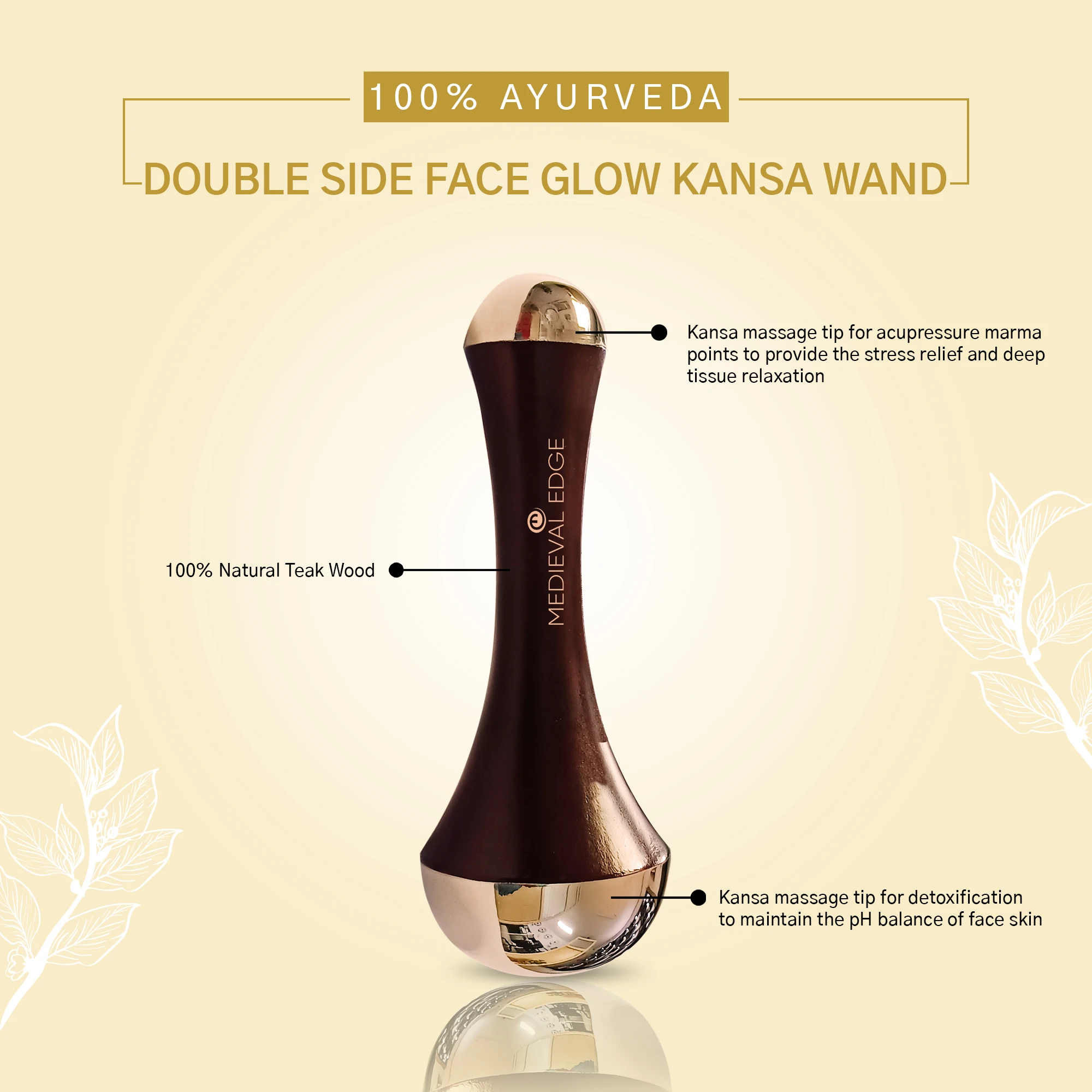 100% Pure Ayurvedic Double-Side Dark Brown Kansa Wand Face Massager Tool For Acupressure Massager With Teak Wood Handle
