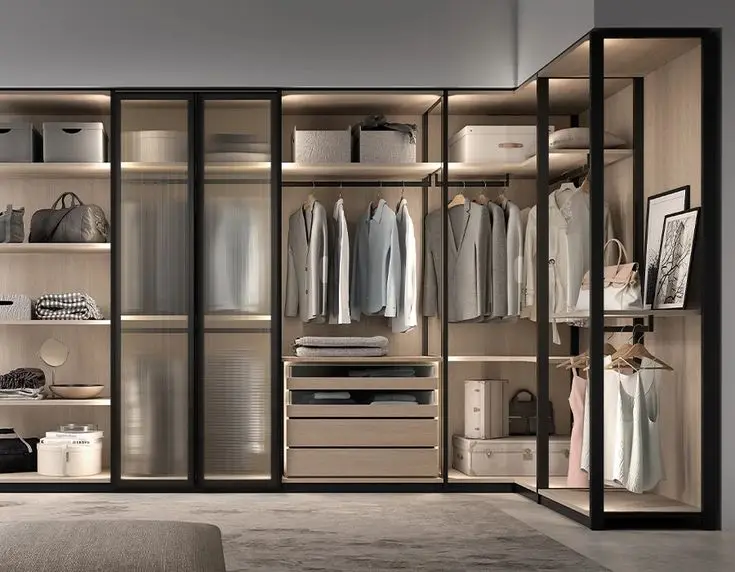 KEJIA Luxury Wood Aluminium Wardrobe Wooden Bedroom Furniture Set Custom Armoire Walking in Closet Cloakroom