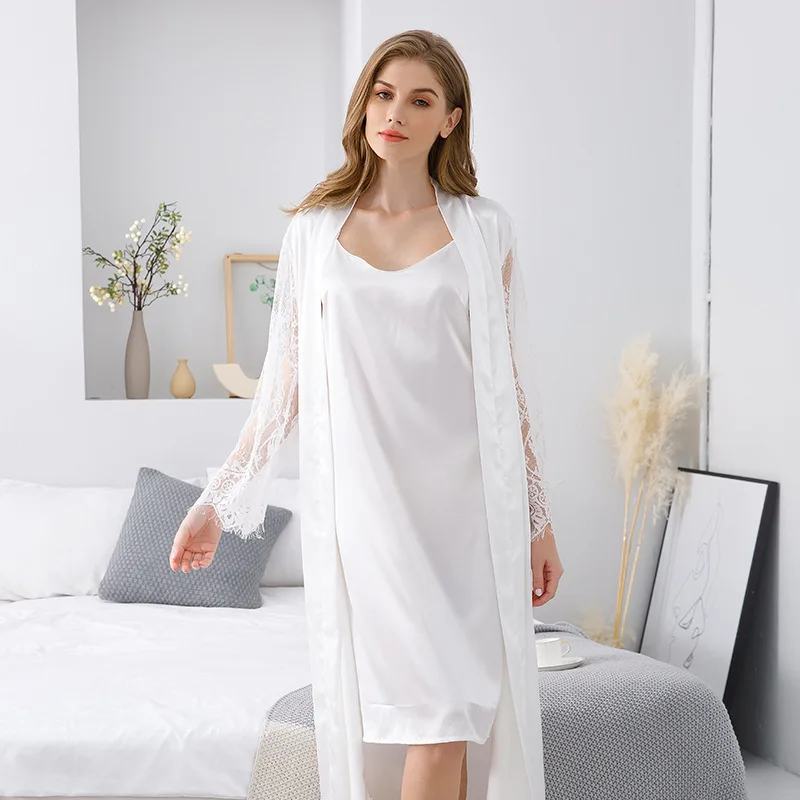 Сезон: весна-лето комплект из 2 предметов шелка с v-образной горловиной без застежки; Детское Белье для сна белым кружевным рукавом и длинный Атласный халат ювелирных изделий женщин