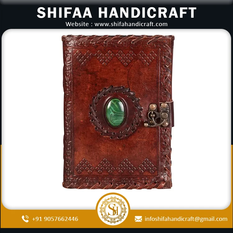 Leather Diary With Antique Stone with Lock Handmade Leather Bound Notepad Journal For Men And Women Unlined Leather Craft