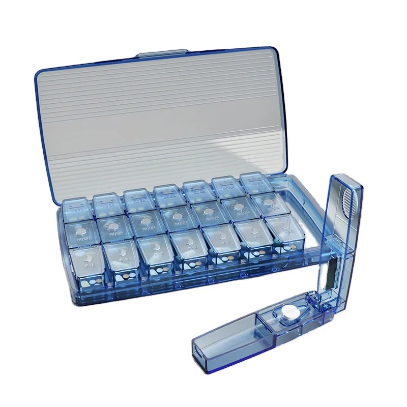 NBBLUESKY 2024 New Arrival 8 Compartment Weekly Pill Box Organizer With Cutter Fish Oil Waterproof Pill Storage Cases