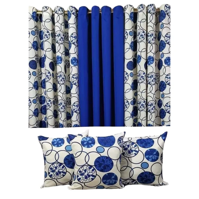 Luxury Blue Color Modern Window Curtains Blinds for Living Room 100% Polyester 3 Pieces Curtains With 3 Matching Cushion Covers