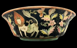 Antique Benjarong Porcelain Bowl Painted With Theppanom Painted With Floral Design On A Black Ground for Collectible