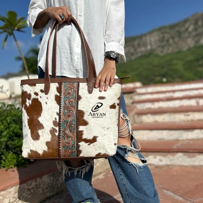 New Arrival Hand Tooled Carving Handbag Tote Bag Real Cowhide Fur Leather Bag Big Size Bags Great Collection Of Ladies Purse