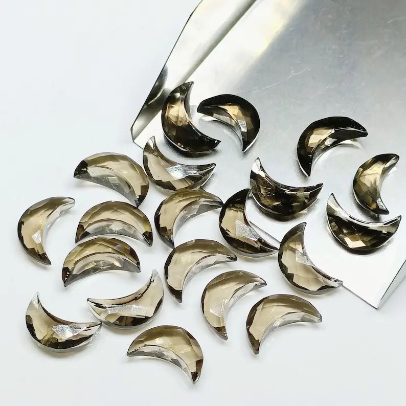 Natural Smoky Quartz Faceted Crescent Moon Shape Carved Gemstone Beads Briolette Charms For Jewelry Making 12mm Moons Carvings