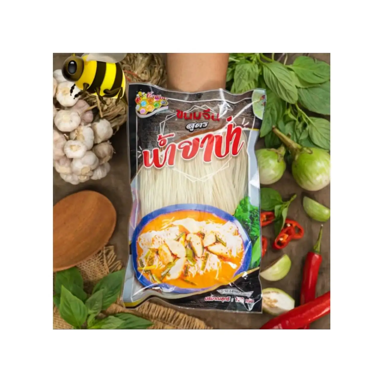 Рисовая лапша быстрого приготовления (Khanom Jeen) в рыбном соусе Карри тайская Горячая и острая вкусная Phungnoi марки 120