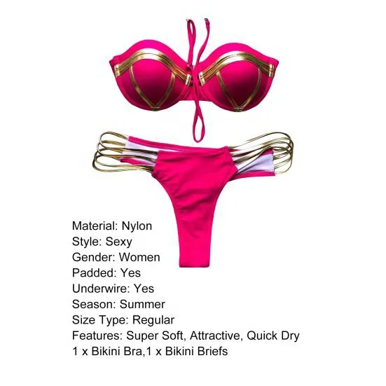 Women 1 Set Bikini Swimwear Super Soft Wear Resistant Nylon Bikini Bra Panties Set Solid Bathing Suit for Girl Pink Gold Bikini