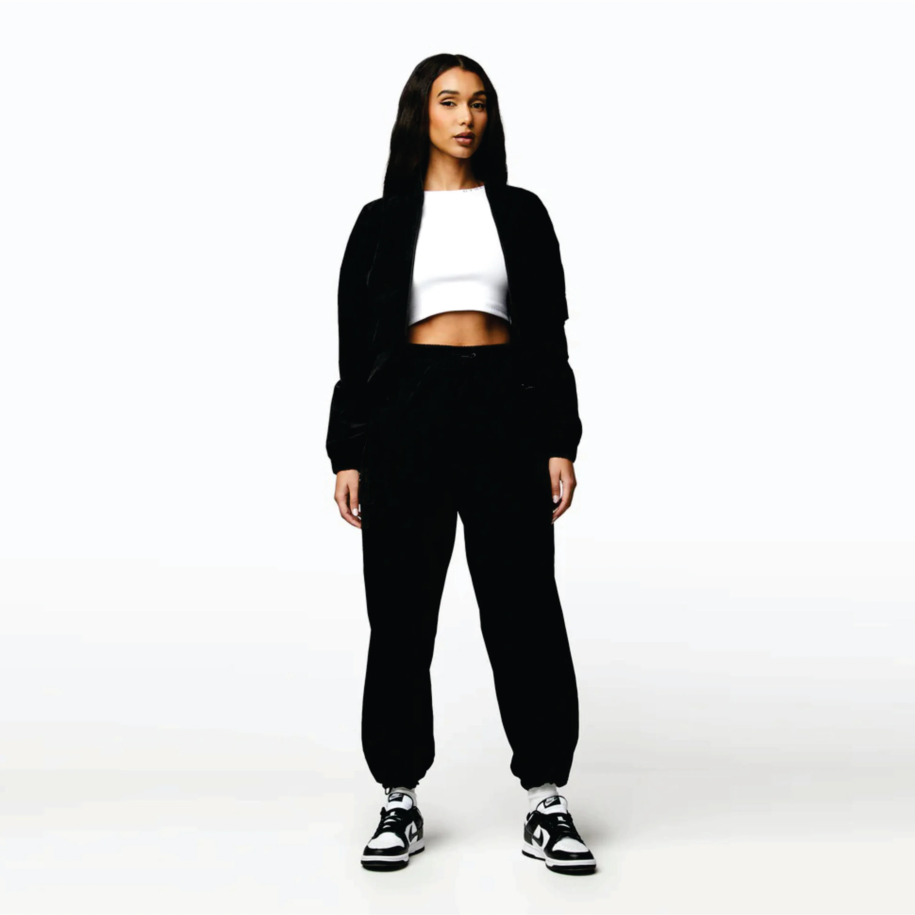 Relaxed Fit 85% Polyamide 15% Elastane Black Utility Woven Cargo Top & Pant Womens Tracksuit