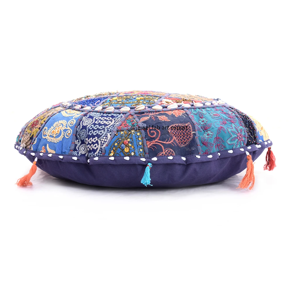 Hand Embroidered Indian Cushion Cover Patchwork With Tassel Round Cotton Pillow Covers Ethnic Vintage Living Room Sofa Pillow