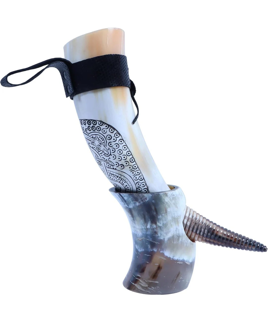 Engraved drinking horn Best Quality Indian Buffalo Drinking Horns With Leather Holder