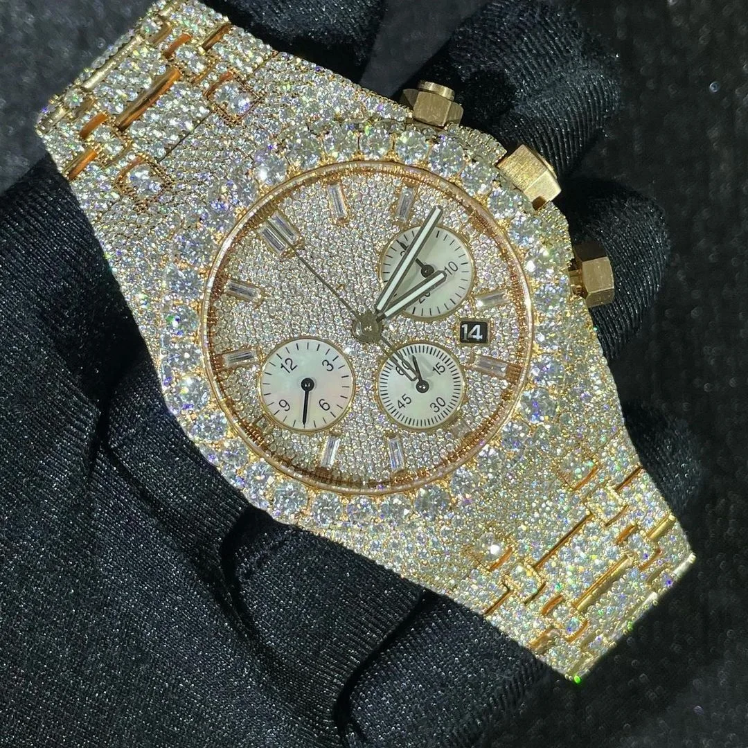 Full Iced Out 18K Solid Gold Band Diamond Watch, Luxurious Unique Diamond Chronograph Watch For Men, Diamond Watch