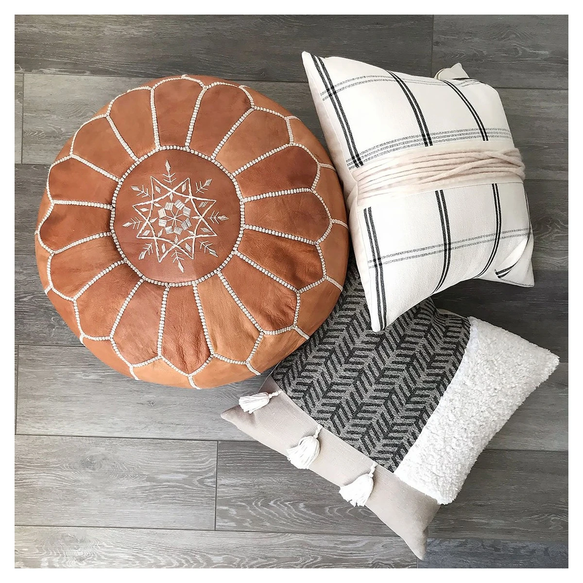 Original Moroccan POUF with White Stitching Leather Pouf Ottoman
