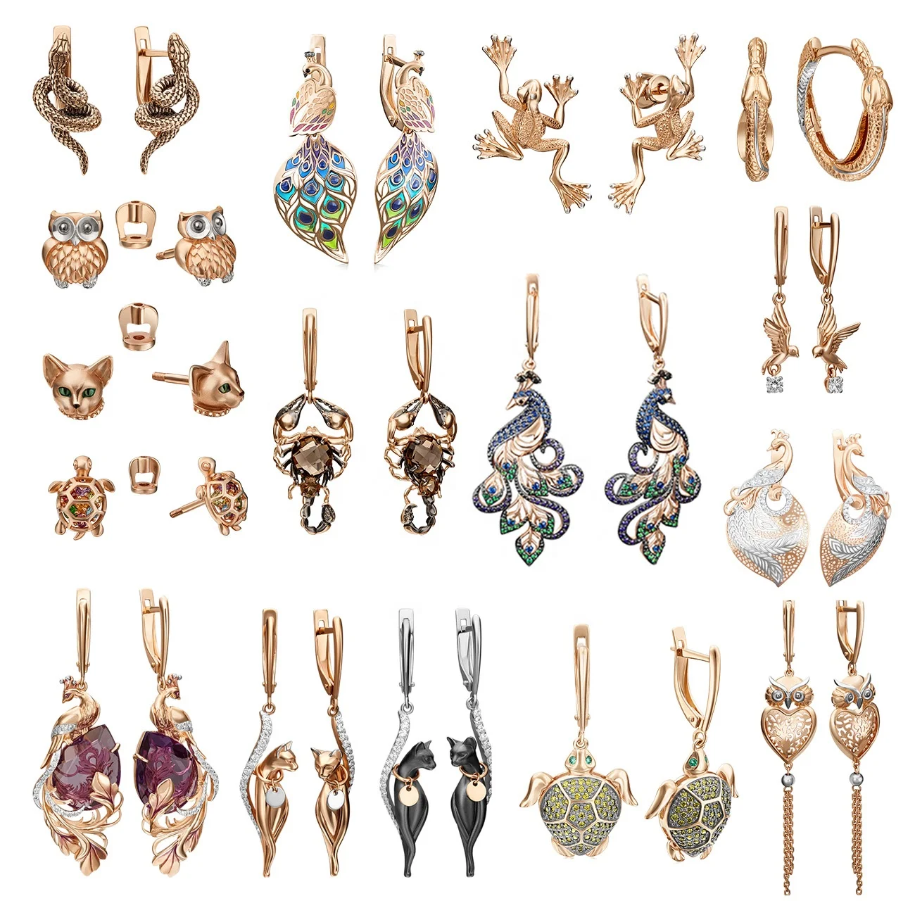 Animal Earrings 14K Solid Rose Yellow White Gold Amethyst Smoky Quartz OEM ODM Jewelry Custom Personalized