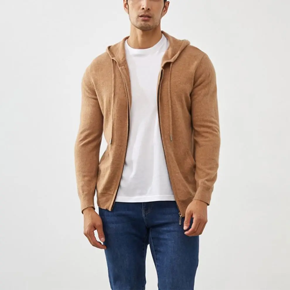 Custom Logo Men Zip Up Hoodies Sweatshirts Hooded Sweater Cardigan Trendy Knit Organic Cashmere Sweaters