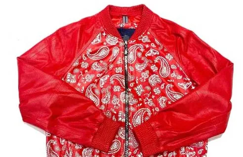 Red Cowhide Leather Paisley Print Perforated leather Sleeves Bomber Jacket
