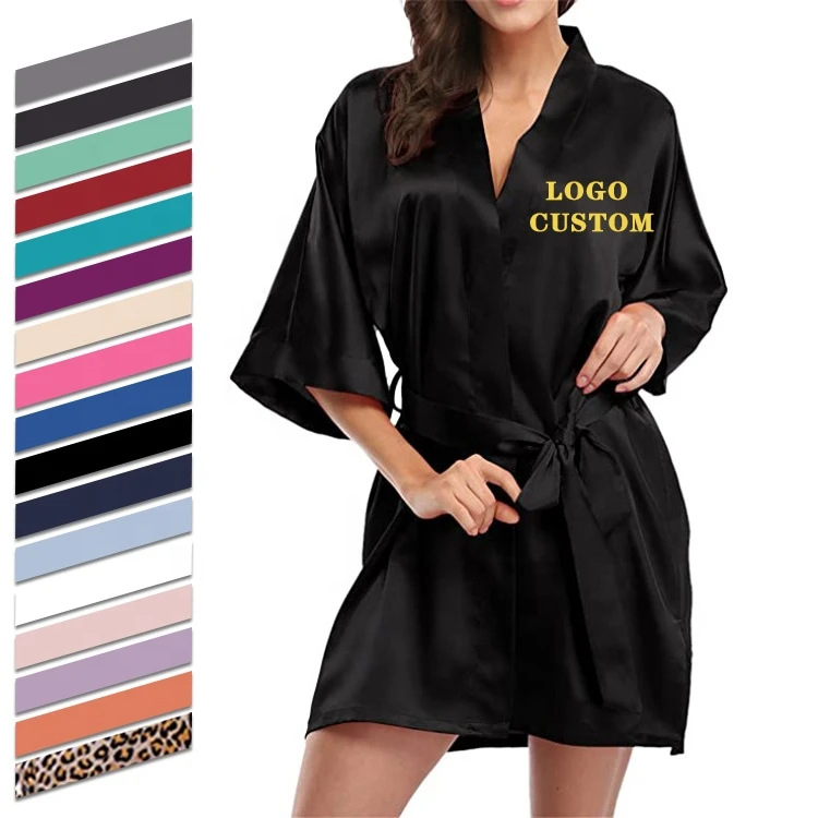 OEM custom summer Lady Robe Satin Plain Bathrobe Silky Pajamas Short Kimono Women Sexy Black Satin Robe