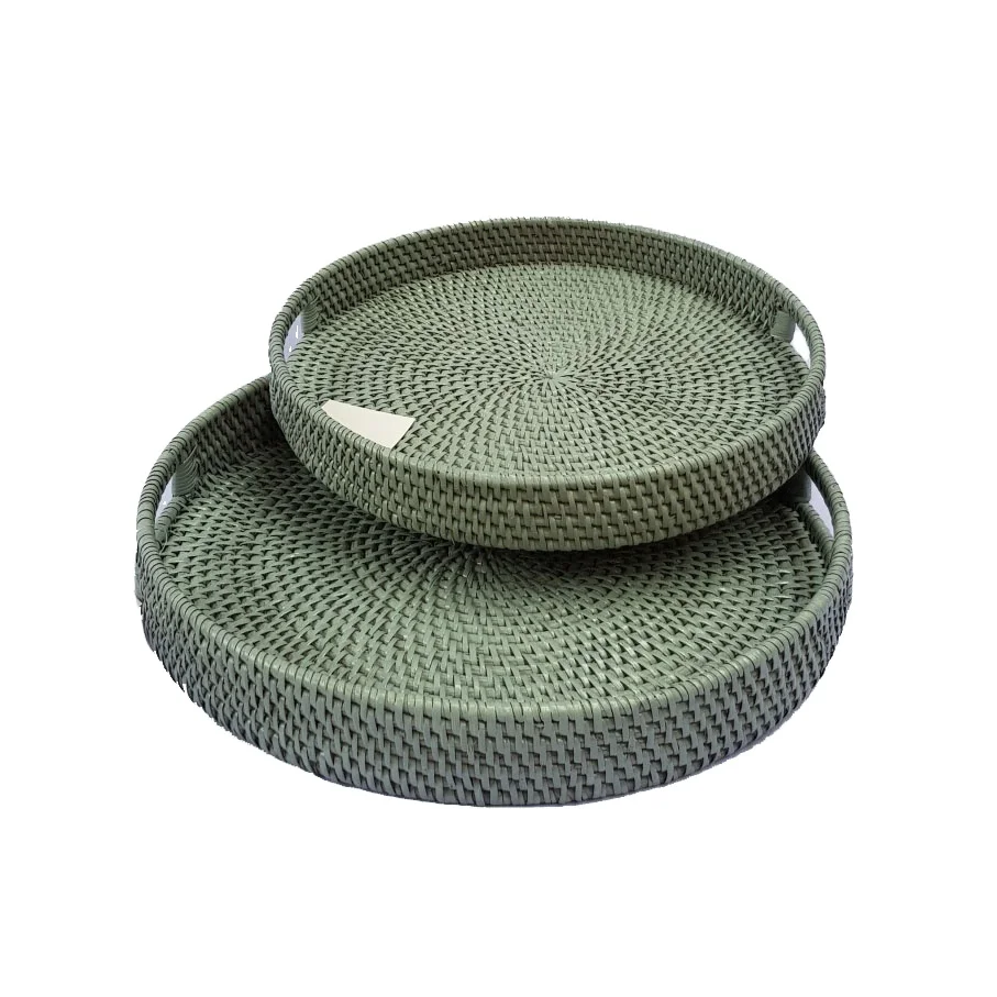 Handwoven natural trays set of 2 round gray rattan serving tray home storage & organization decor from Vietnam