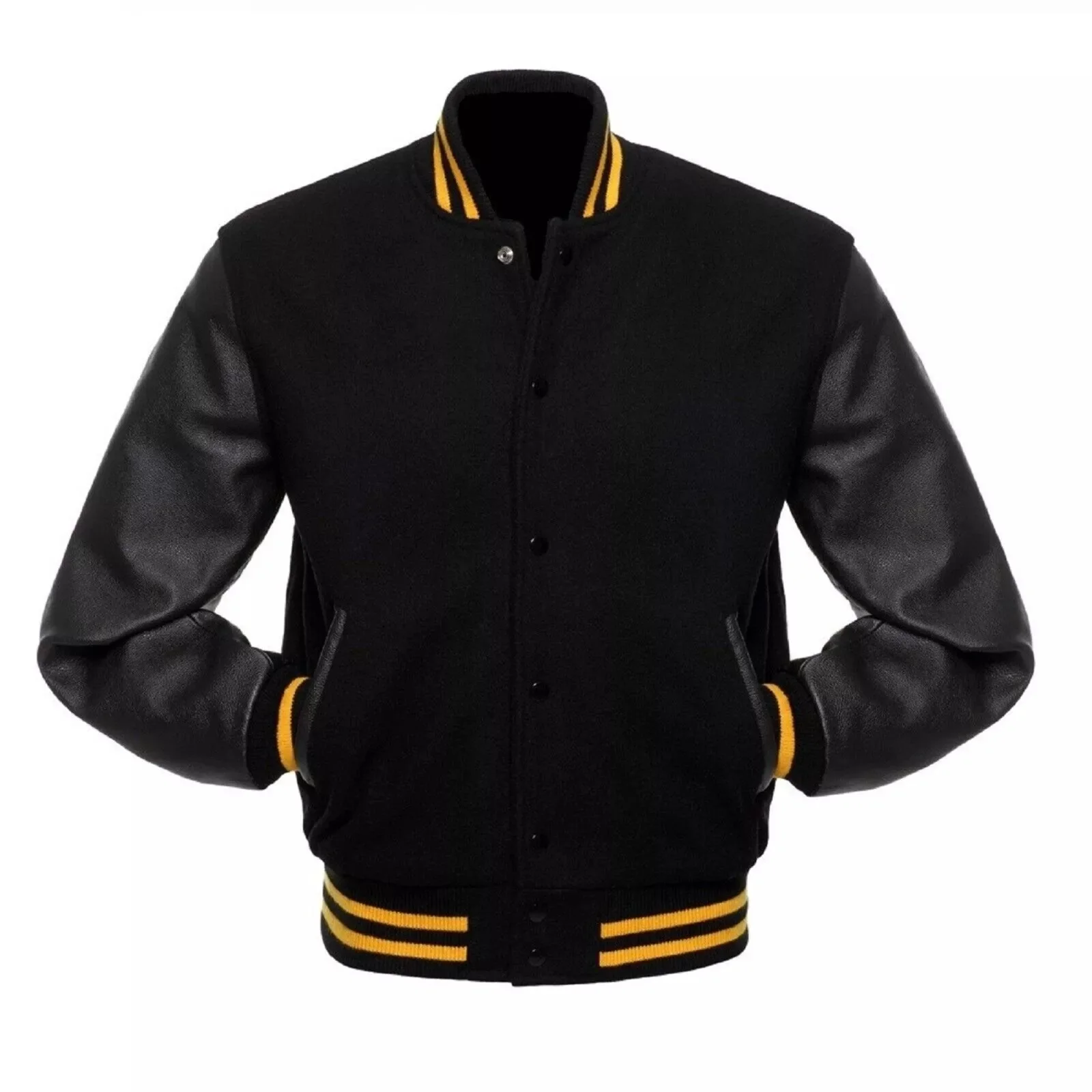 New Real Black Wool Varsity Letterman Bomber Jacket Pure Leather Arms Rib Yellow Leather Sleeves Varsity Jackets