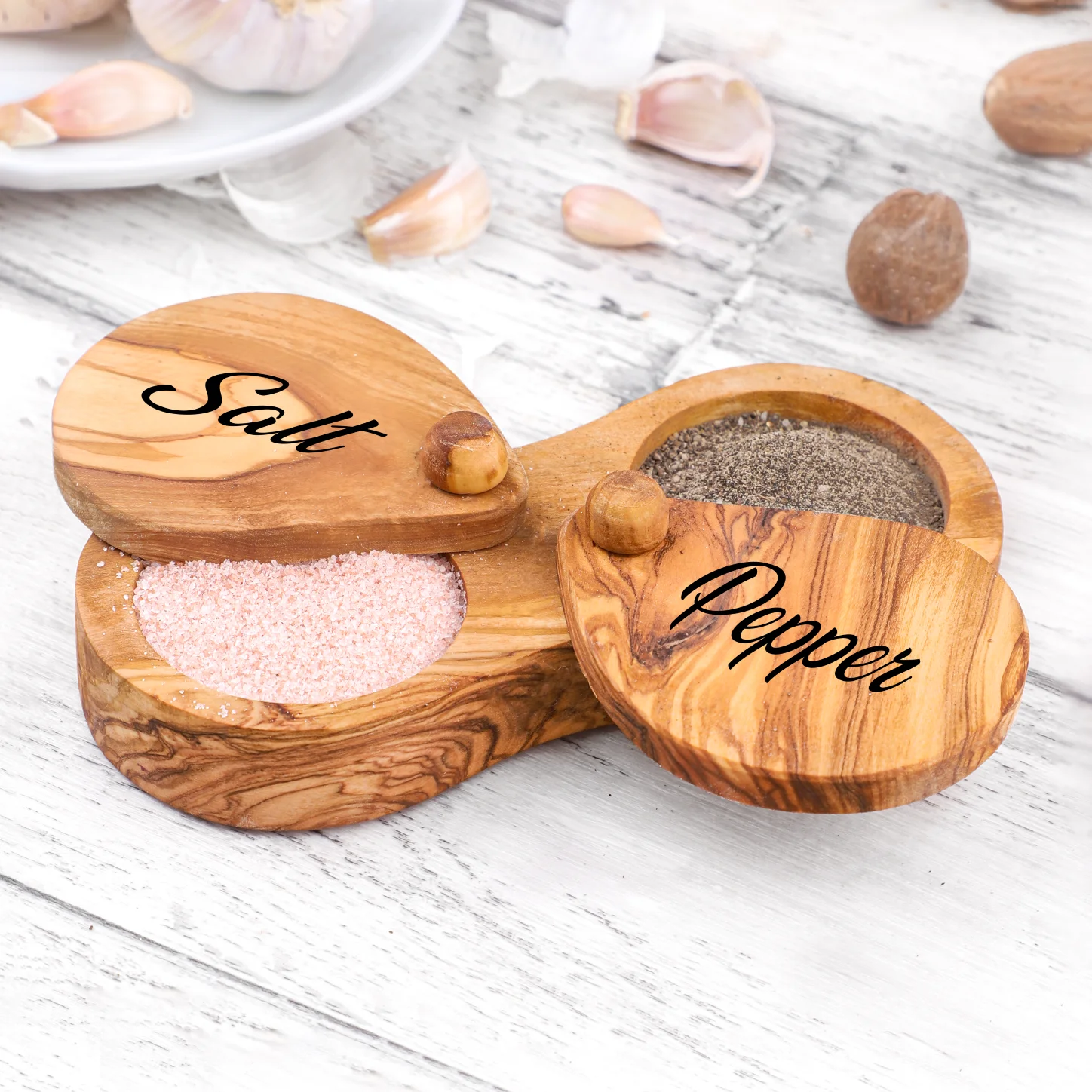 Double-compartment Salt and Pepper Cellar with Pivoting Lids Made of Tunisian Olive Wood| Wooden Salt and Pepper Container
