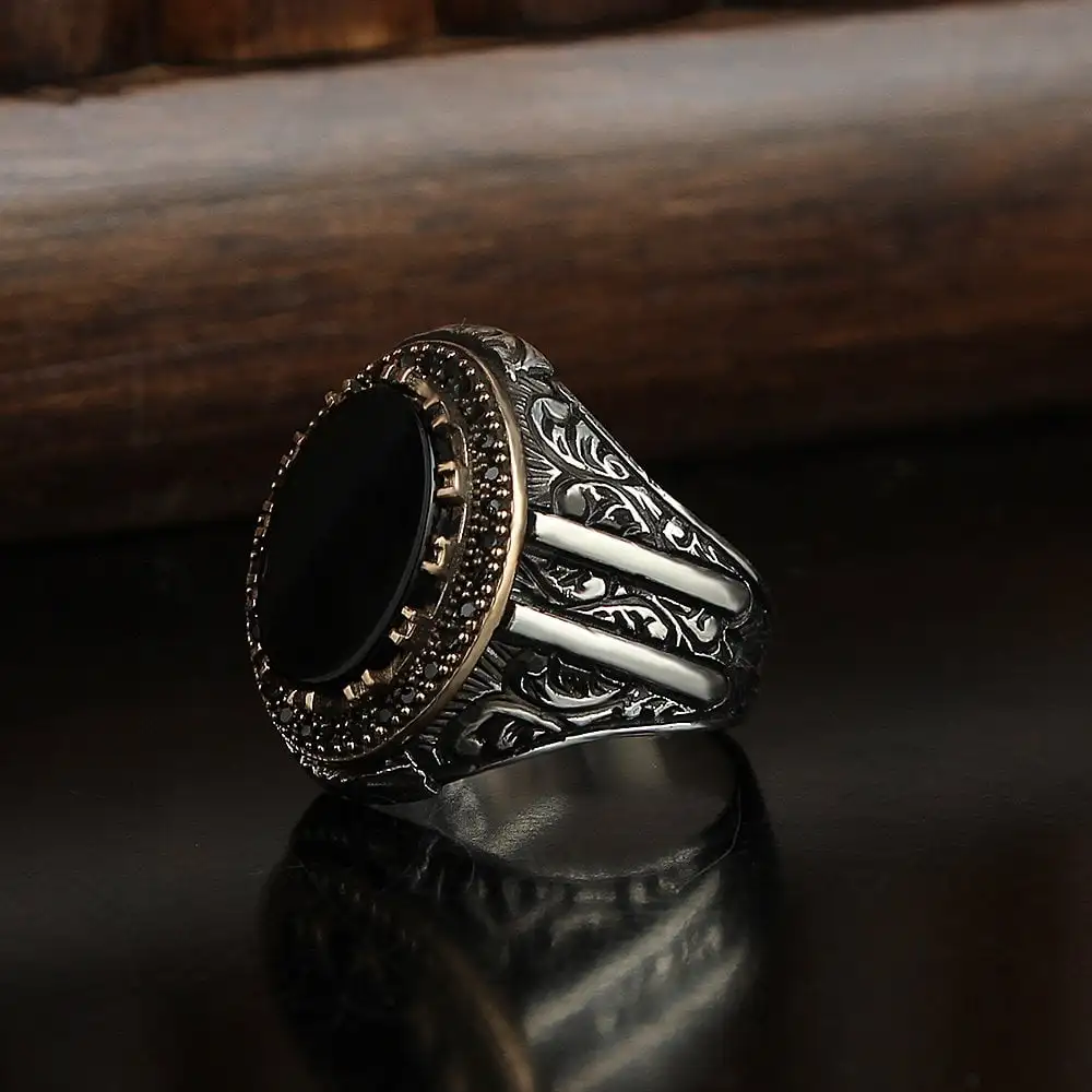 925 Silver Traditional Motif Green Onyx Stone Ring Turkish Handmade Men Ring Turkish Wholesales Silver Jewelry