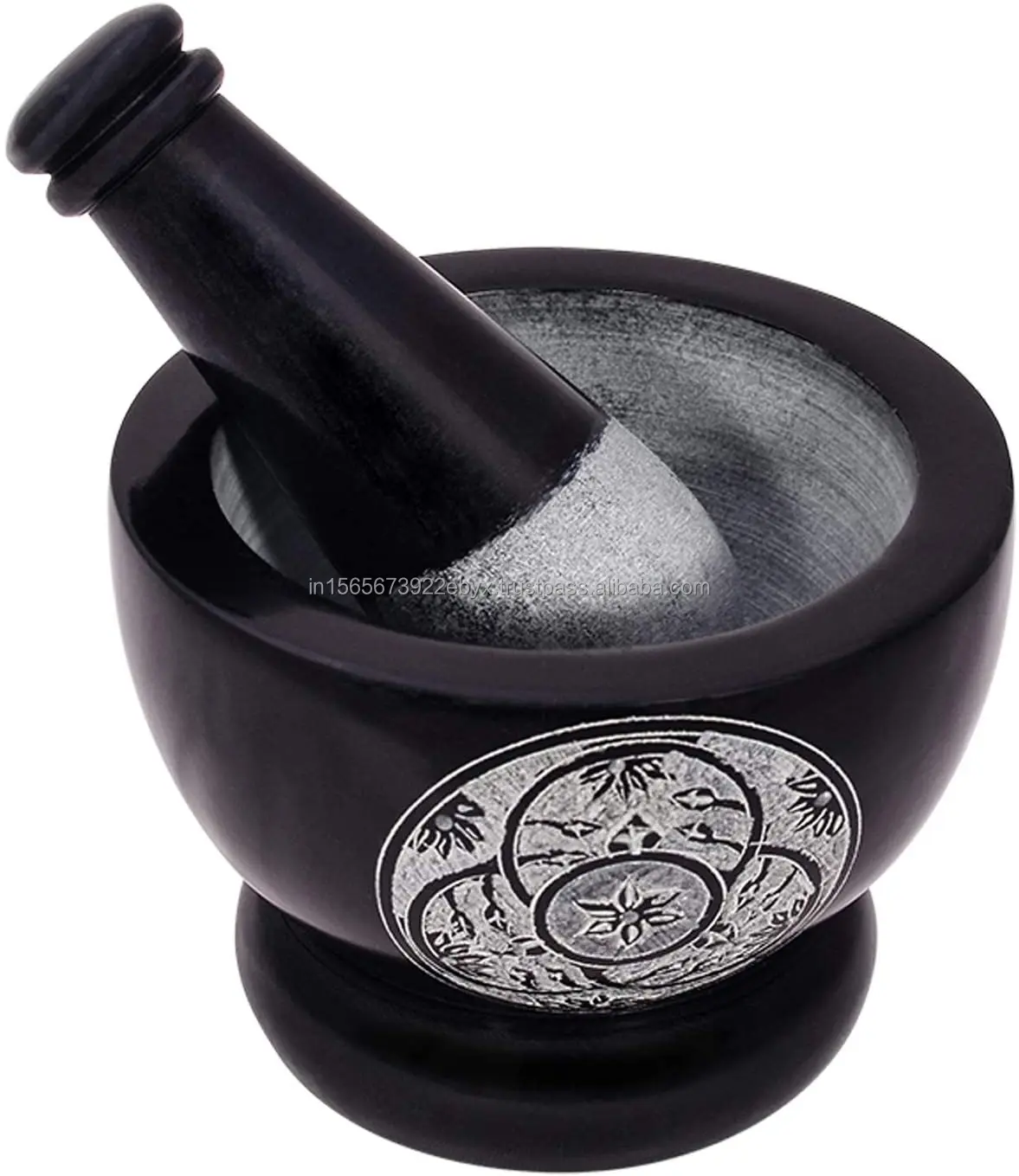 New Design Marble Soapstone Handmade Mortar and Pestle Floral Design Black Colour 4 inch Size from Indian Exporter