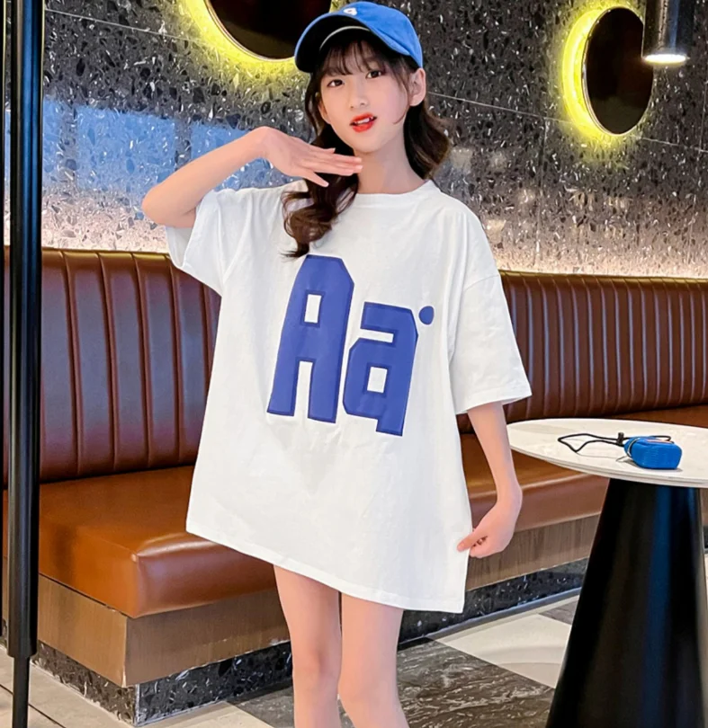 Girls Summer Mid-Length Korean Style T-Shirt Dress Fashionable Thin Design with Letter Print