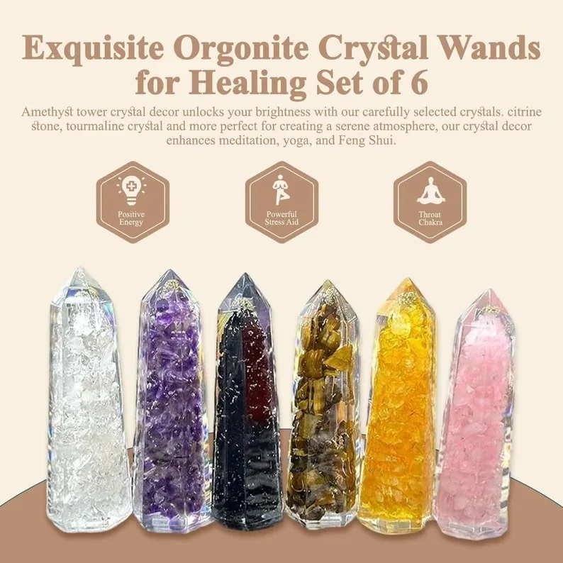Top Selling Crystal Energy Amethyst 6 Faceted Orgonite Wand Wholesale Mix Natural Gemstone Chips Orgone Massage Healing Obelisk