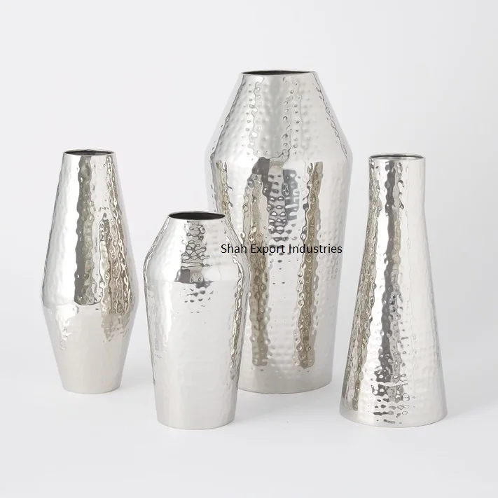 Hammered Look Metal Vase Silver Finished Tabletop for Home Living Room Decorative Handmade Large Flower