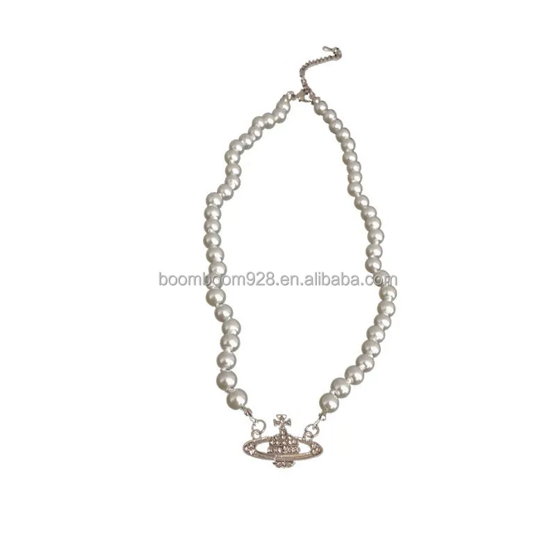 Premium sense necklace French vintage fashion temperament clavicle chain with diamonds Saturn pearl necklace pendant