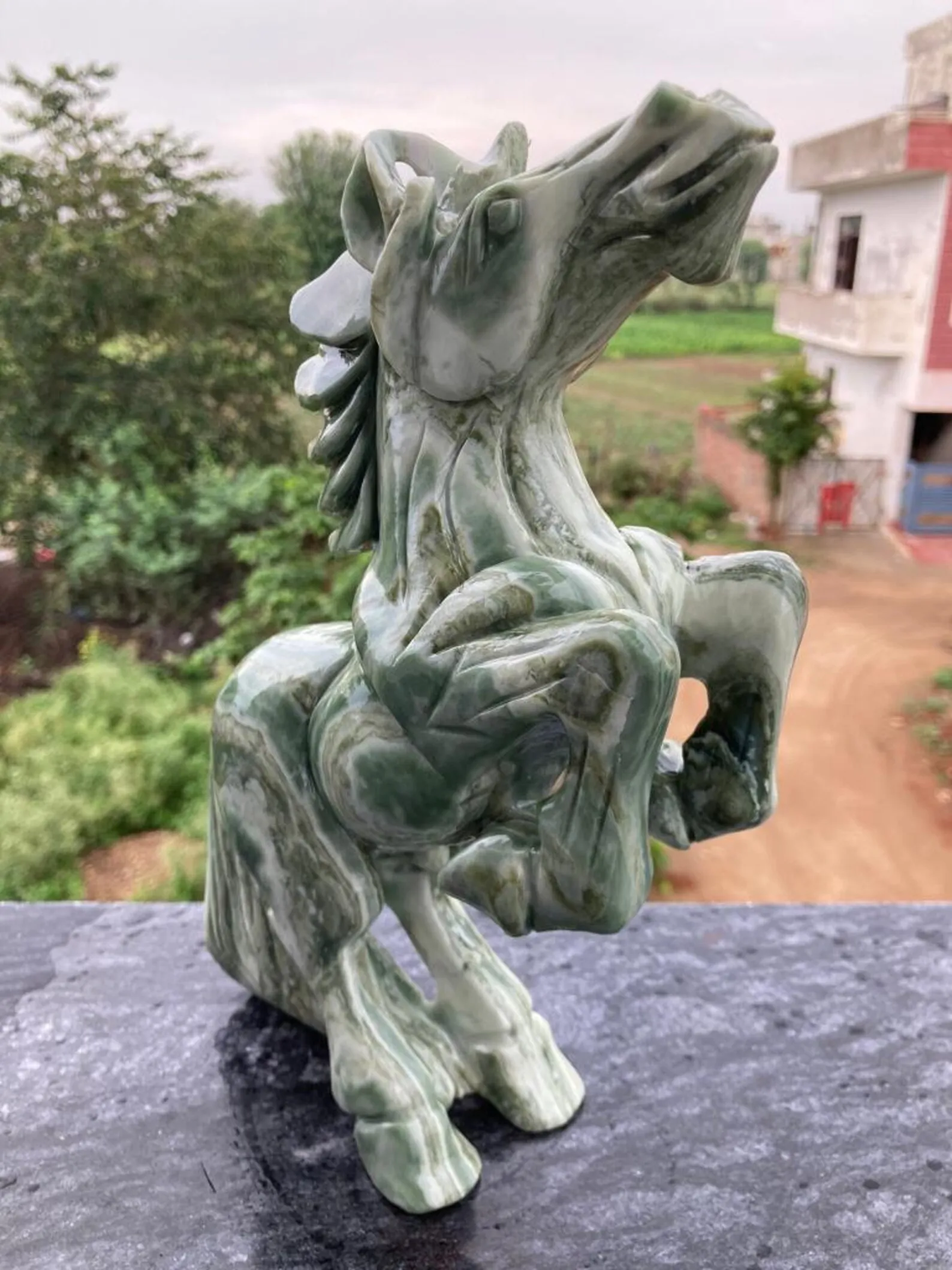 Stunning Serpentine Horse Statue Natural Crystal Carving Home Decor Heart Chakra Semi-Precious Stone Craft