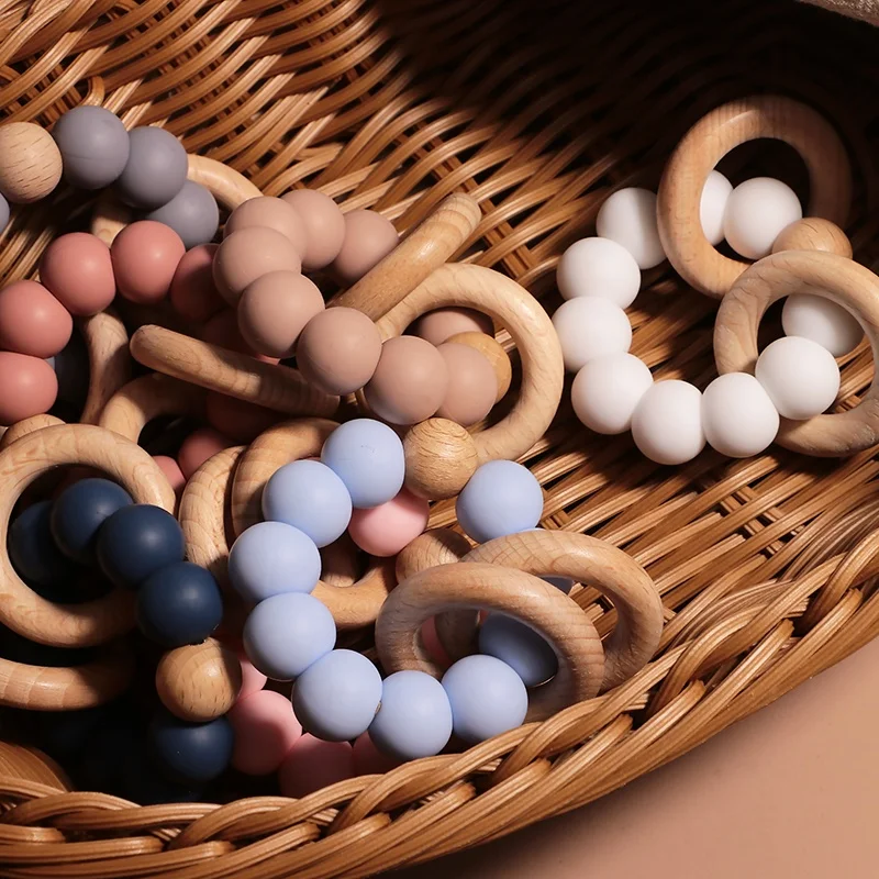 LoveBond Handmade Wood Baby Teether Rattle Wood Ring Baby Play Toys Rudder Ring Teethers Teething Toys Bracelet Baby Teether