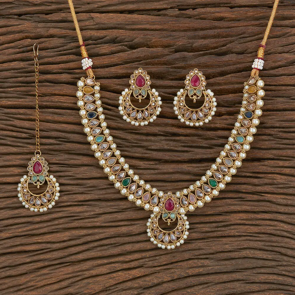 Antique Reverse Ad Stone Moti Necklace Set With Mehndi Plating 217298 Dealing in Large Scale