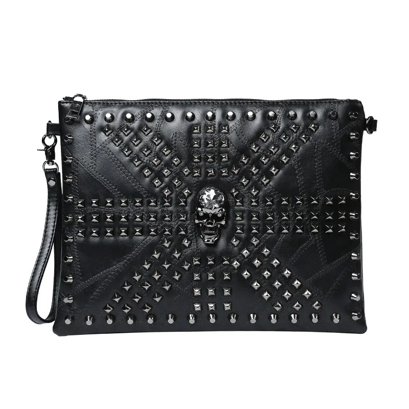 Fashion Skull Rivet Clutch Men Shoulder Bag Soft PU Leather Men Clutches Handbags Wrist Bag Envelope clutch